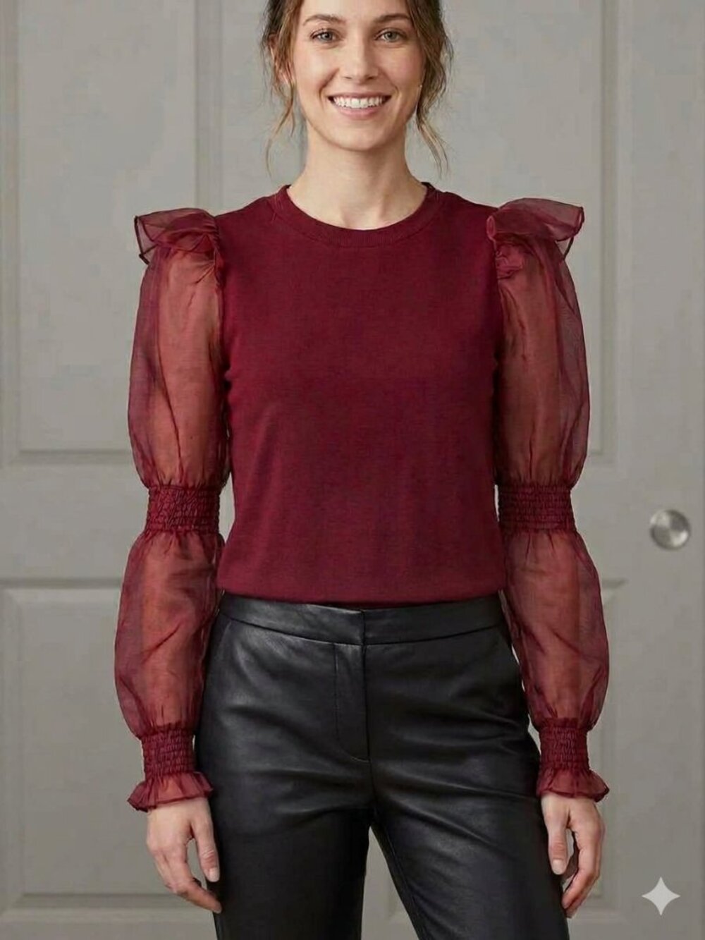 Anthropologie English Factory ruffled puff-sleeve burgundy blouse, size S